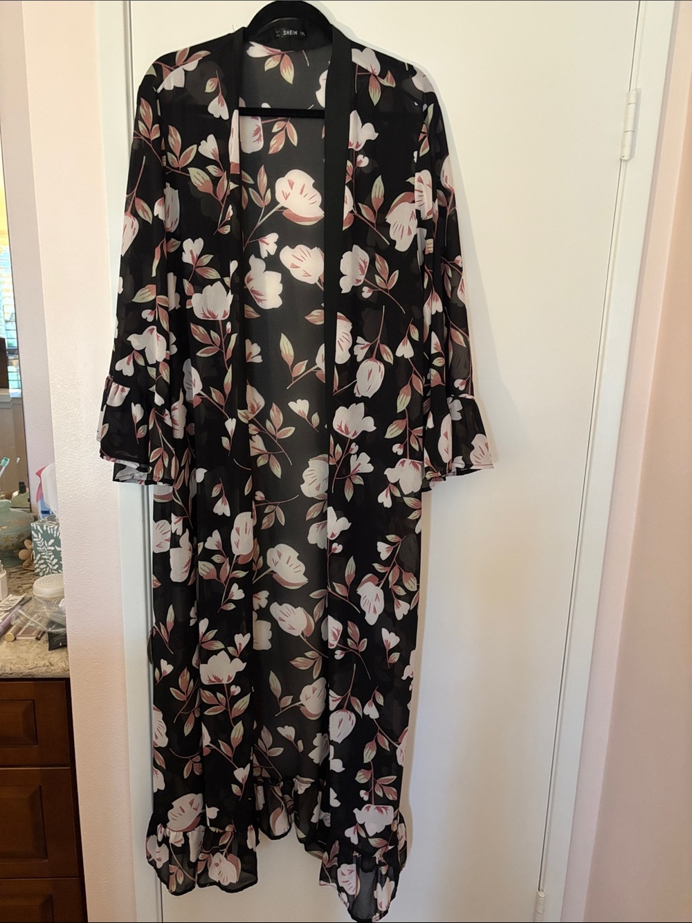 SHEIN Black Sheer Floral Kimono Robe with Blush Flowers